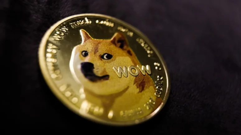 A physical representation of a Dogecoin cryptocurrency.